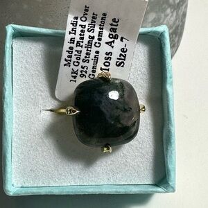 Moss Agate 14k Gold Plated 925 Sterling Silver Ring Size 7 NEW WITH TAGS